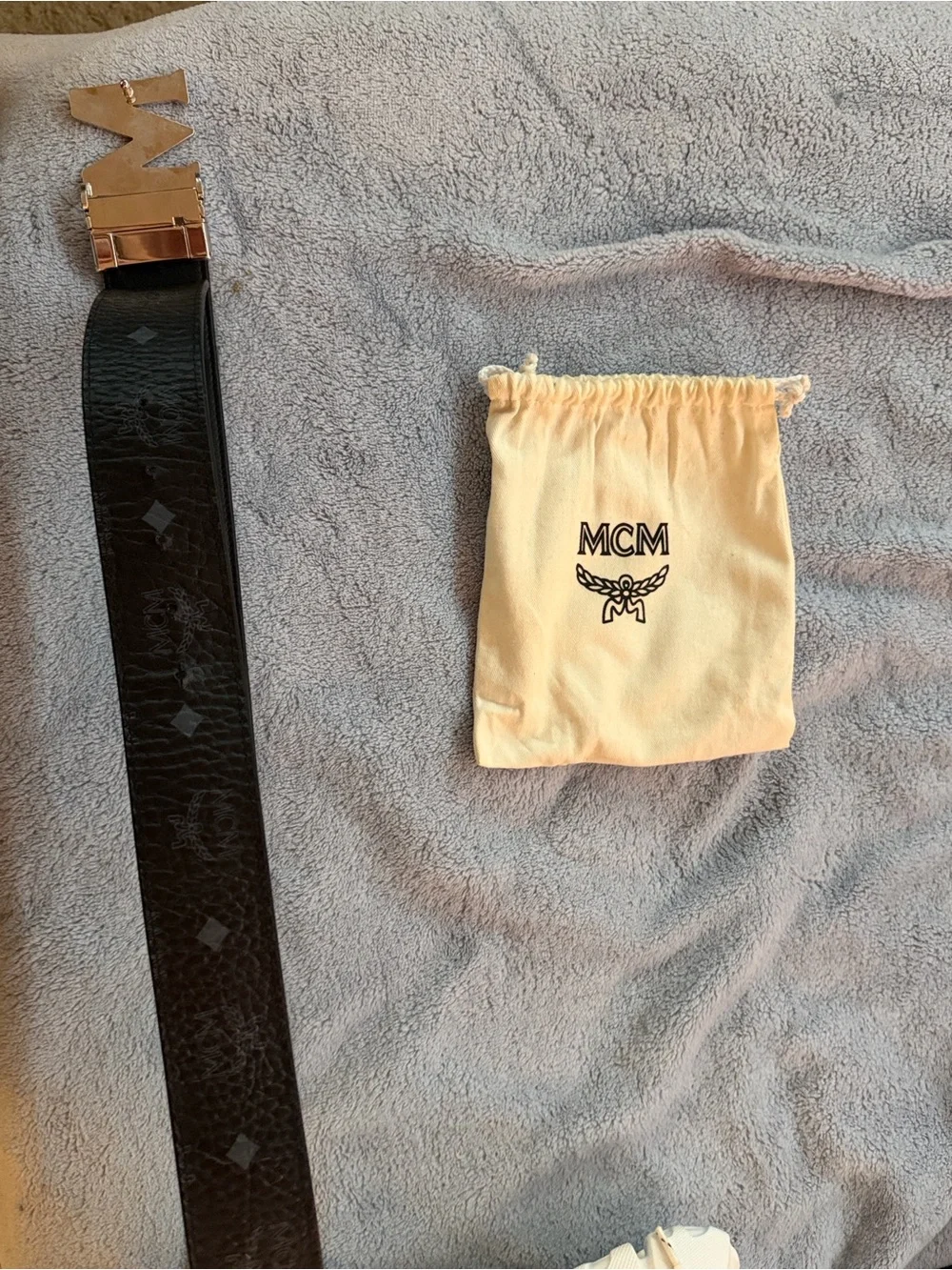 MCM Black Leather Belt with Striped Silver M Buckle